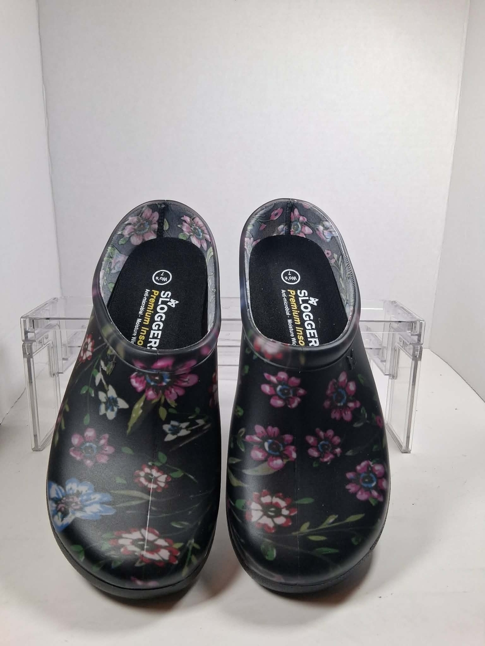 Sloggers Women's Black Floral Clog - Comfortable Garden Shoes 7